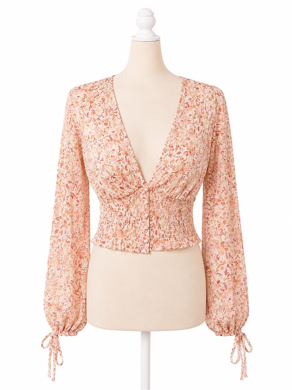H&M Floral Smocked Crop Top Womens Medium Pink Long Sleeve Cottagecore Boho